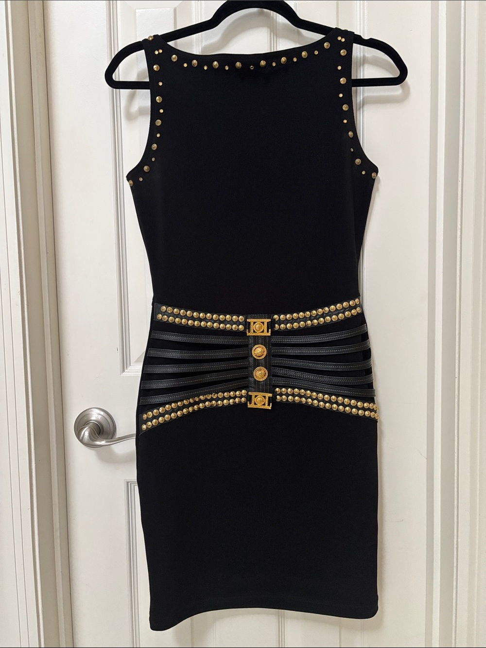 Black Mini Dress with Gold Stud and Belt Details